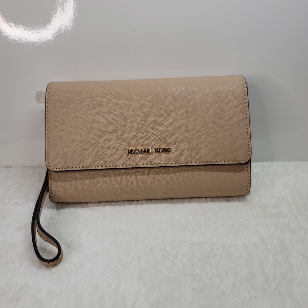 MK 3n1 clutch, wristlet xbody bag in taupe &black